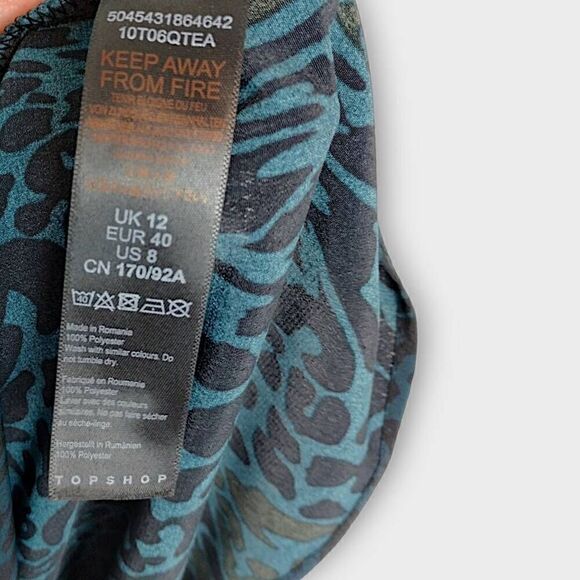 Top Shop Leopard Midi Sz 8 Turquoise Black Button Crepe Dress Academia Whimsicor - Picture 11 of 13